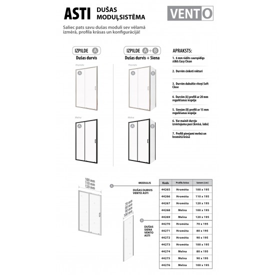 Dušas durvis VENTO Asti 100X195 cm, stikls 6mm Easy Clean caurspīdīgs, melns profils