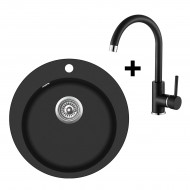 Granīta izlietne 505x505 BLACK + Virtuves maisītājs 5523 Black Metalic