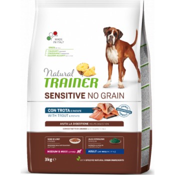 NT DOG SENSITIVE NO GRAIN ADULT MEDIUM/MAXI TROUT 3 KG - BEZGRAUDU SAUSĀ BARIBA AR FORELI VIDĒJO UN LIELO ŠĶIRŅU (1–10KG) PIEAUGUŠIEM (>10MĒNEŠI) SUŅIEM