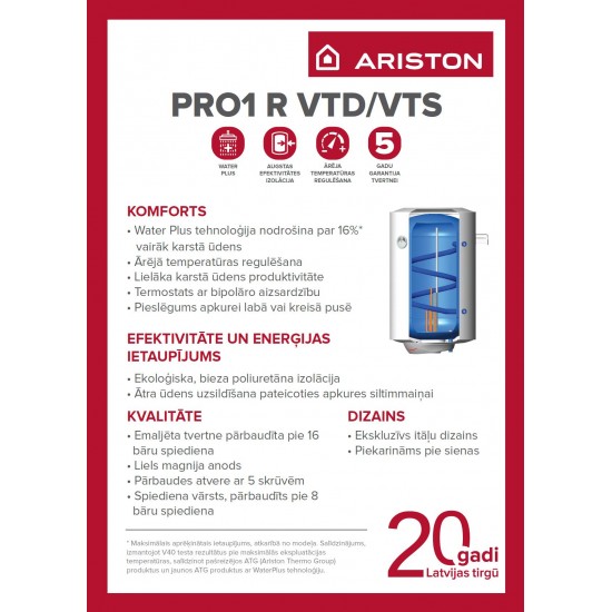 Ūdens sildītājs Ariston PRO R EVO 80 L, vertikāls, kombinētais (labais pievads)