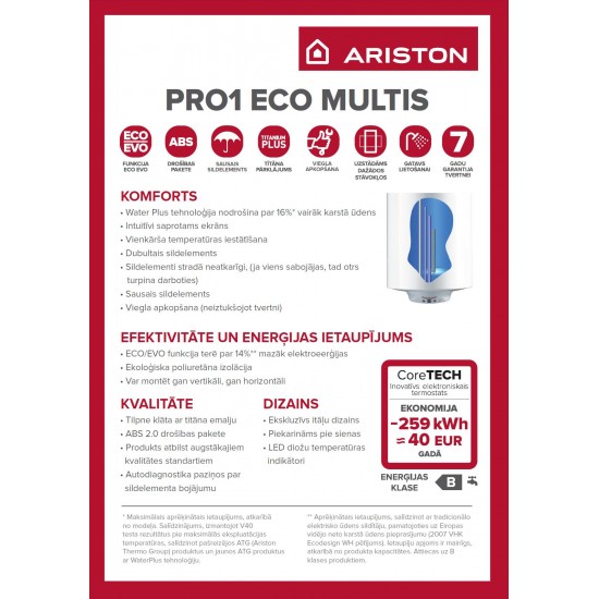 Ūdens sildītājs Ariston PRO1 ECO MULTIS 80 L DRY, vertikāls