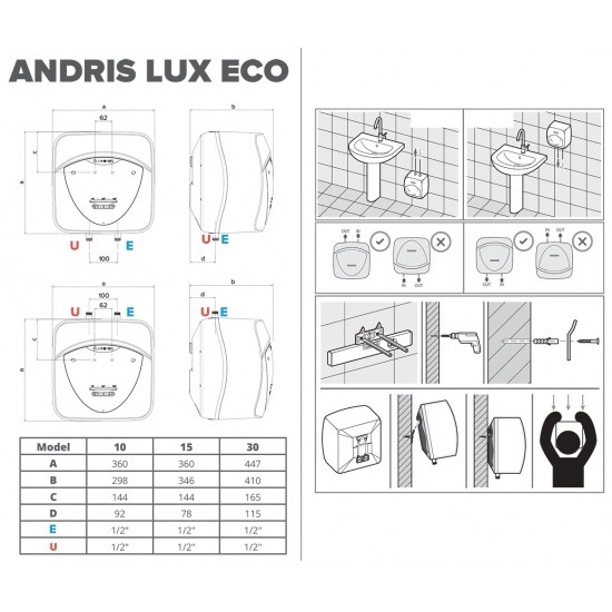 Ūdens sildītājs Ariston ANDRIS ELITE 30 L, virs izlietnes