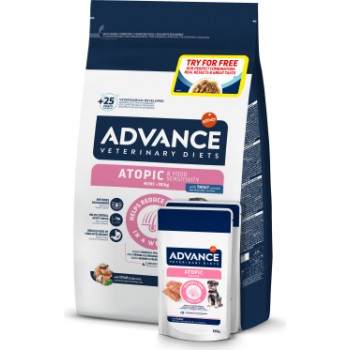 ADVANCE VETERINARY DIET DOG ATOPIC MINI TROUT 1.5 kg + WET - DIĒTISKA BARĪBA MAZO ŠĶIRŅU SUŅIEM AR ATOPISKO DERMATĪTU. AR FORELI.