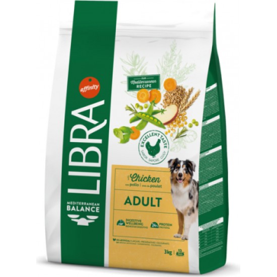 LIBRA DOG ADULT CHICKEN 3 KG - PIEAUGUŠIEM VIDĒJO UN LIELO ŠĶIRŅU SUŅIEM, AR VISTAS GAĻU