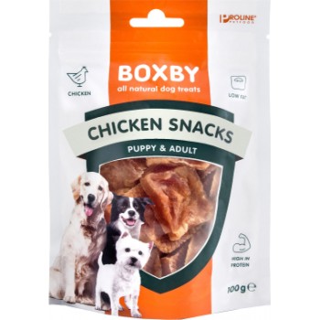 BOXBY CHICKEN SNACKS 100g - papildbarība pieaugušiem suņiem un kucēniem no 3 mēnešu vec., kaltēti vistu gaļas gabaliņi.