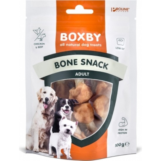 BOXBY BONE SNACK 100g - papildbarība pieaugušiem suņiem, kauliņi ar vistu gaļas hantelēm katrā pusē.