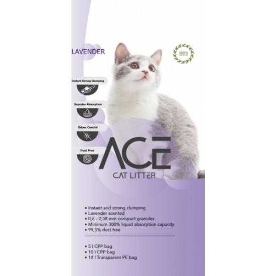 ACE Lavender CAT LITTER 10 LT - cementējošās smiltis kaķu tualetei ar lavandu 10 L
