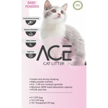 ACE Baby Powder CAT LITTER 20 LT - cementējošās smiltis kaķu tualetei ar bērnu pūderi 20 L