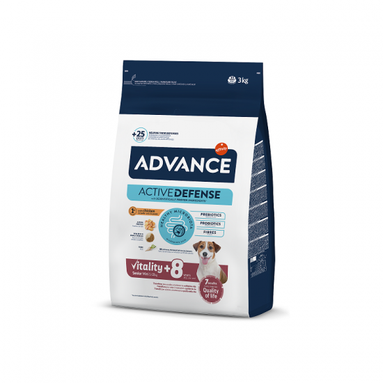 ADVANCE DOG MINI SENIOR 3,0KG - PILNVĒRTĪGA SAUSĀ BARĪBA MAZO ŠĶIRŅU SUŅIEM (līdz 10 kg) VECUMĀ PĒC 8 GADIEM. Ar vistu un rīsiem.
