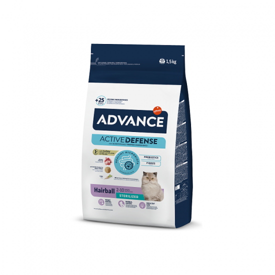 ADVANCE CAT STERILIZED HAIRBALL 1,5KG - PIEAUGUŠIEM KAĶIEM (TĪTARS UN RĪSI)