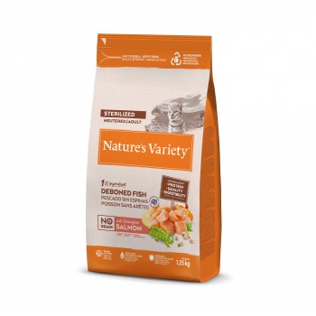 NV Cat No Grain Adult Sterilized Norwegian Salmon 1.25 Kg - pilnvērtīga sausa barība pieaugušiem sterilizētiem kaķiem, bez graudaugiem un ar atkaulotu Norvēgijas lasi
