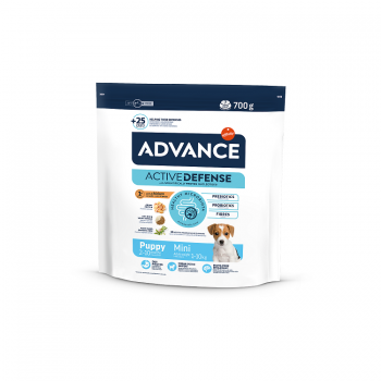 ADVANCE MINI PUPPY PROTECT 700g - pilnvērtīga un sabalansēta sausā barība mazo šķirņu kucēniem, vecumā no 2 mēnešiem līdz 10 mēnešiem. Grūsnām vai barojošām kucēm