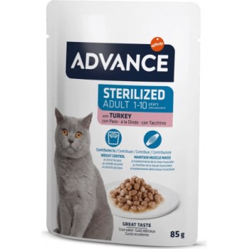 Advance Cat Sterilized Turkey 85gr - pilnvērtīga un sabalansēta mitrā barība, kas īpaši izstrādāta, lai apmierinātu sterilizētu pieaugušu kaķu vajadzības. Ar tītaru.(12gb)