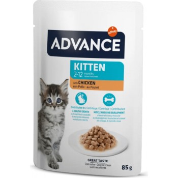 Advance Cat Kitten Chicken 85gr - pilnvērtīga un sabalansēta mitrā barības recepte, kas īpaši izstrādāta kaķēniem (2-12 mēneši), grūsnām un barojošām kaķenēm. Ar vistas gaļu. (12gb)