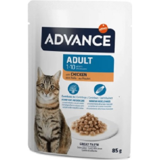 Advance Cat Adult Chicken 85gr - pilnvērtīga sabalansēta augstas kvalitātes mitrā barība pieaugušiem kaķiem vecumā no 1 līdz 10 gadiem. Ar vistas gaļu. (12gb)