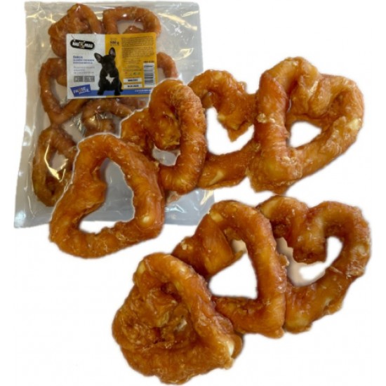 HAU & MIAU rawhide hearts wrapped in chicken 7-8cm 500g - Papildbarība pieaugušiem suņiem, vistas gaļā ietītas ādas sirsniņas