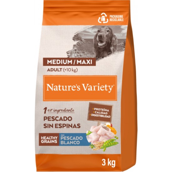 Nature's Variety Dog Healthy Grain Adult Med/Maxi White Fish 3kg - pilnvērtīga barība pieaugušiem vidējo/lielo šķirņu suņiem, ar veselīgiem graudiem un balto zivi