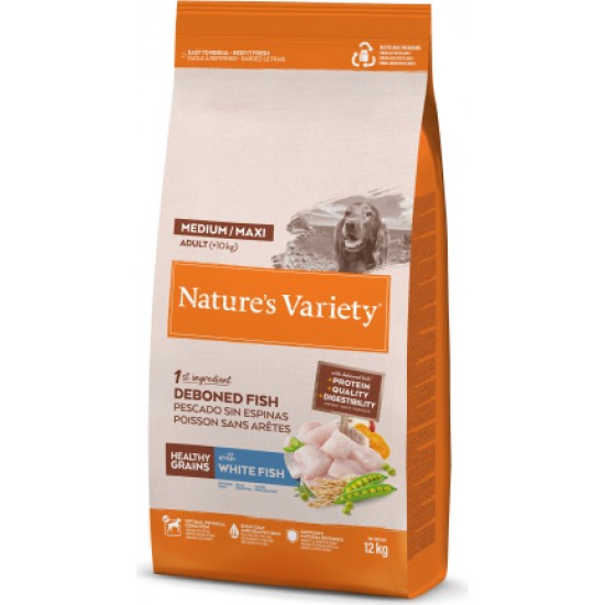 Nature's Variety Dog Healthy Grain Adult Med/Maxi White Fish 12kg - pilnvērtīga barība pieaugušiem vidējo/lielo šķirņu suņiem, ar veselīgiem graudiem un balto zivi