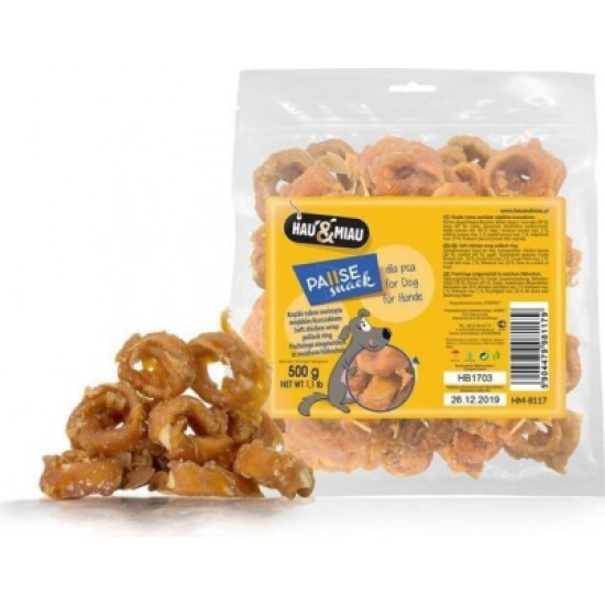 HAU & MIAU soft chicken rings 500g - papildbarība pieaugušiem suņiem, mīkstās vistas nūjiņas ar rīsiem