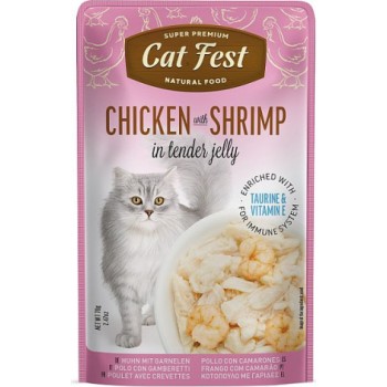 CatFest Chicken With Shrimp in Jelly 70g - Pilnvērtīgs ēdiens no vistas gaļas gabaliņiem un veseliem garnelēm