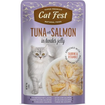 CatFest Tuna with Salmon in Jelly 70g - Pilnvērtīga mitrā barība pieaugušiem kaķiem, okeāna tunzivs un laša gabaliņi želejā