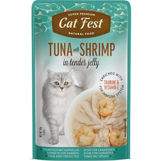 CatFest Tuna With Shrimp in Jelly 70g - Pilnvērtīga mitrā barība pieaugušiem kaķiem, okeāna tunzivs filejas gabaliņi ar veseliem garnelēm želejā