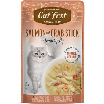CatFest Salmon With Crab Stick in Jelly 70g - Pilnvērtīga barība pieaugušiem kaķiem, savvaļas lasis ar ar krabju nūjiņām želejā