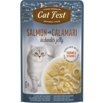 CatFest Salmon With Calamari in Jelly 70g - Pilnvērtīga barība pieaugušiem kaķiem, savvaļas lasis ar kalmāriem želejā