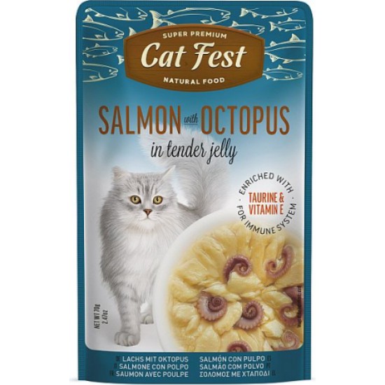 CatFest Salmon With Octopus in Jelly 70g - Pilnvērtīga barība pieaugušiem kaķiem, savvaļas lasis ar astoņkājiem želejā