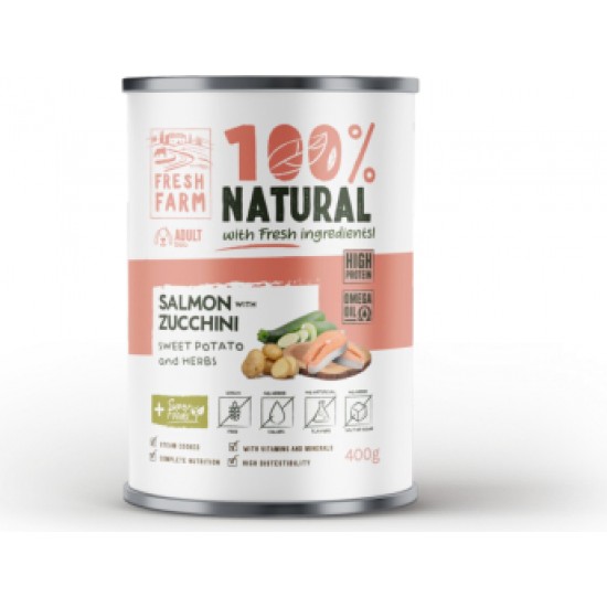 Prefera PF Fresh Farm DOG Coarse pate salmon, zucchini, sweet potatoe & herbs 400 gr - pilnvērtīga mitrā barība, rupjas konsistences pastēte, lasis, cukini, saldie kartupeli un garšaugi 400 g.