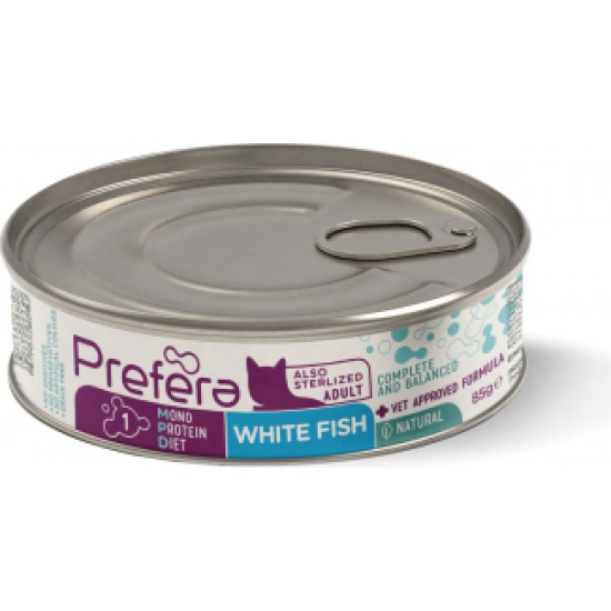 PF Fresh Farm CAT Prefera MPD Adult white fish 85 gr - pilnvērtīga mitrā barība pieaugušiem kaķiem (arī sterelizētiem), monoproteīna barība ar balto zivi.