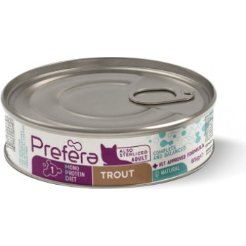 PF Fresh Farm CAT Prefera MPD Adult trout 85 gr - pilnvērtīga mitrā barība pieaugušiem kaķiem (arī sterelizētiem), monoproteīna barība ar foreli