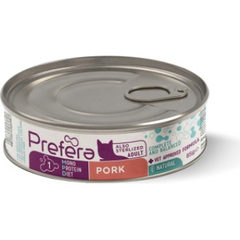 PF Fresh Farm CAT Prefera MPD Adult pork 85 gr - pilnvērtīga mitrā barība pieaugušiem kaķiem (arī sterelizētiem), monoproteīna barība ar cūkgaļu.