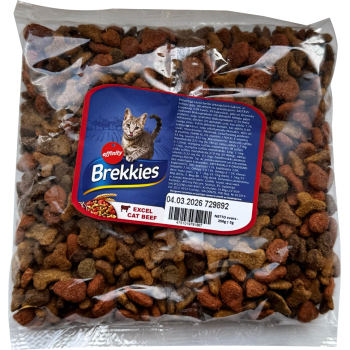 Fasētā barība Brekkies Cat Beef 0,25kg - pilnvērtīga sausā barība pieaugušiem kaķiem, ar liellopu gaļu, dārzeņiem un graudaugiem.