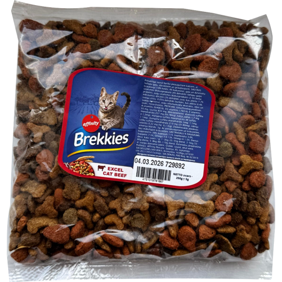 Fasētā barība Brekkies Cat Beef 0,25kg - pilnvērtīga sausā barība pieaugušiem kaķiem, ar liellopu gaļu, dārzeņiem un graudaugiem.