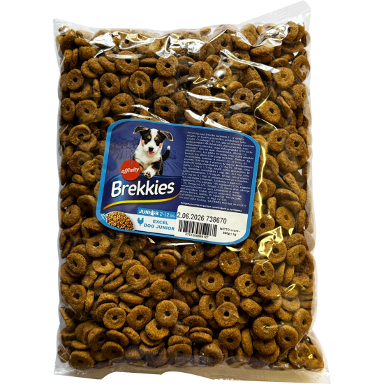 Fasēta barība Brekkies Dog Junior 0,5kg - pilnvērtīga sausā barība kucēniem 2-12 mēn., ar vistas gaļu, dārzeņiem un graudaugiem.