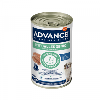 ADVANCE VETERINARY DIET DOG HYPOALLERGENIC TROUT 400G - KONSERVI SUŅIEM AR BARĪBAS NEPANESĪBU UN ALERĢIJĀM