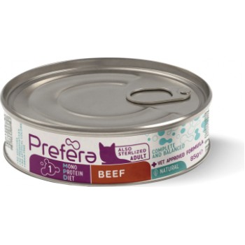 PF Fresh Farm CAT Prefera MPD Adult beef 85 gr - pilnvērtīga mitrā barība pieaugušiem kaķiem (arī sterelizētiem), monoproteīna barība ar liellopu gaļu.