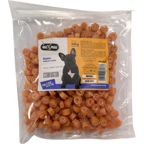 HAU & MIAU sushi - rabbit and fish, 500 g — papildbarība pieaugušiem suņiem, suši ar truša gaļu un zivīm.