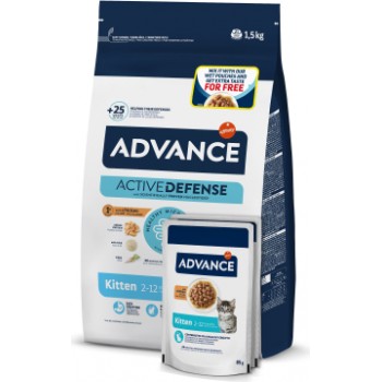 Advance Adv cat kitten 1,5kg + 2WET ON PACK - pilnvērtīga barība kaķēniem (vecumā no 2 līdz 12 mēnešiem), grūsnām vai barojošām kaķenēm (sausā barība un konservi).