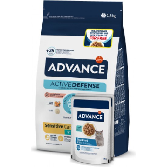 Advance Adv cat adult sterelized sensitive 1,5kg + 2 WETSTZ COD - pilnvērtīga sausā un mitrā barība pieaugušiem sterilizētiem kaķiem no 1 līdz 10 gadiem, ar jūtīgu gremošanas sistēmu. Ar lasi.
