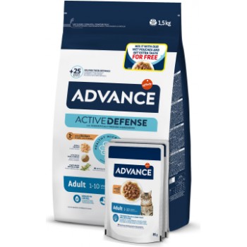 Advance Adv cat adult chicken 1,5kg + 2WET ON PACK - pilnvērtīga barība kaķēniem (vecumā no 2 līdz 12 mēnešiem), grūsnām vai barojošām kaķenēm (sausā barība un konservi).