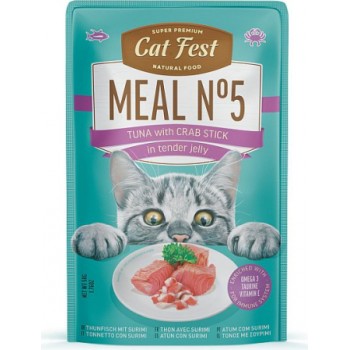 Catfest Cat Fest kons. Meal Nr5 Tuna with crab stick in tender jellly 50g - konservēta mitrā barība kaķiem, klusā okeāna tuncis un krābju nūjiņas maigā želejā.