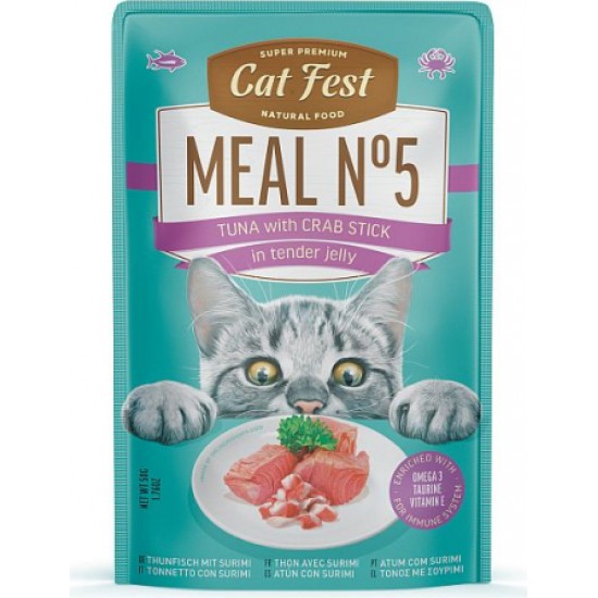 Catfest Cat Fest kons. Meal Nr5 Tuna with crab stick in tender jellly 50g - konservēta mitrā barība kaķiem, klusā okeāna tuncis un krābju nūjiņas maigā želejā.