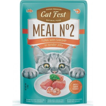 Catfest Cat Fest kons. Meal Nr2 Tuna with shrimps in tender jelly 50g - konservēta mitrā barība kaķiem, klusā okeāna tuncis un garneles maigā želejā.