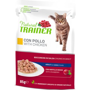 NATURAL TRAINER CAT CHICKEN 85G - pilnvērtīga barība pieaugušiem kaķiem, konservi gabaliņi želējā ar vistas gaļu un dzērveņu lapu ekstraktu.