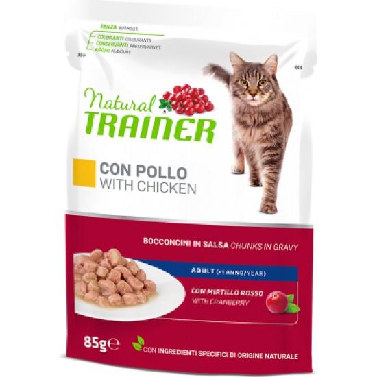 NATURAL TRAINER CAT CHICKEN 85G - pilnvērtīga barība pieaugušiem kaķiem, konservi gabaliņi želējā ar vistas gaļu un dzērveņu lapu ekstraktu.