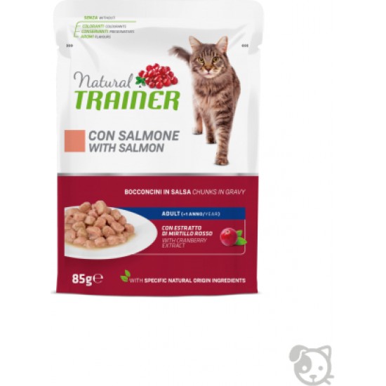 NATURAL TRAINER CAT SALMON 85G - pilnvērtīga barība pieaugušiem kaķiem, konservi gabaliņi želējā ar lasi, vistas gaļu un dzērveņu lapu ekstraktu.