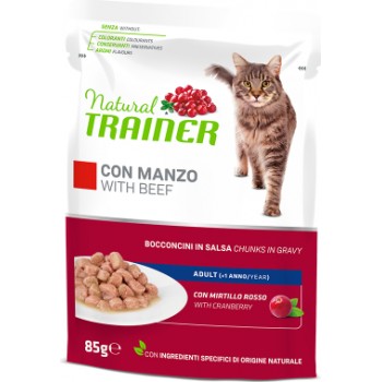 NATURAL TRAINER CAT BEEF 85G - pilnvērtīga barība pieaugušiem kaķiem, konservi gabaliņi želējā ar liellopu gaļu, vistas gaļu un dzērveņu lapu ekstraktu.