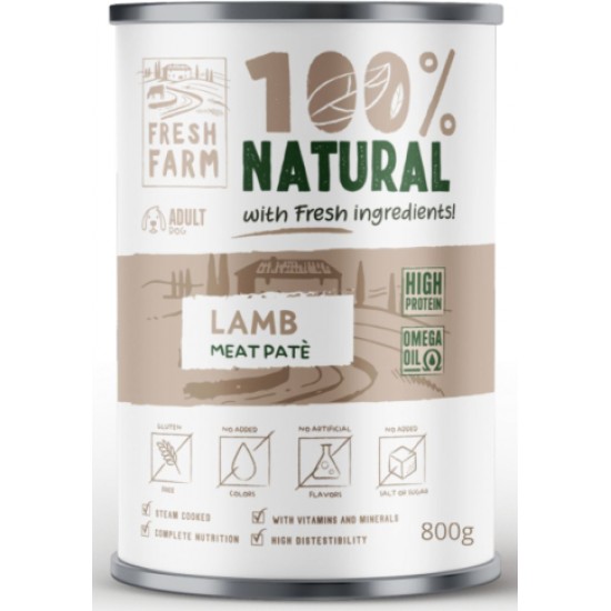 PREFERA Fresh Farm Dog Smooth pate with lamb 800 gr - pilnvērtīga barība, pastētes veida konservi suņiem, ar jēra gaļu.